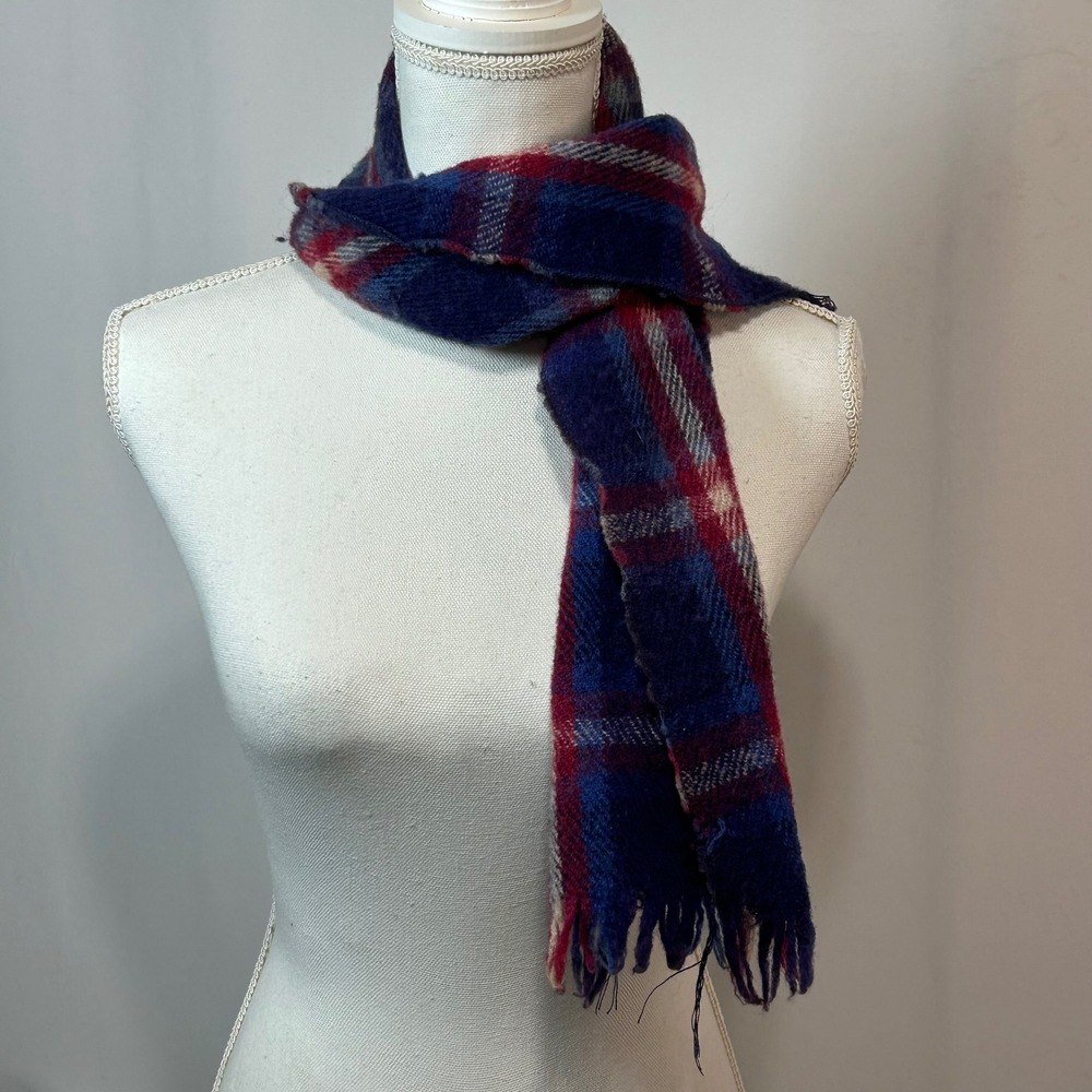 Mens Plaid Scarf Wool Blend Navy Blue Red Fringe Winter Warm Accessory‎ - Picture 3 of 4